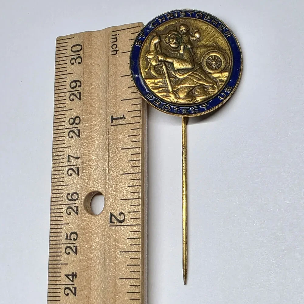 Vintage St. Christopher Protect Us Blue Enamel Gold Tone Religious Stick Pin